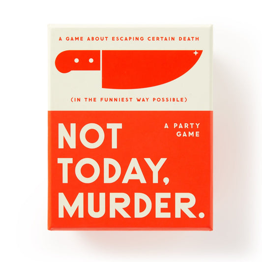 Brass Monkey’s Not Today, Murder Game is a hilarious party game featuring a red knife graphic and the tagline A game about escaping certain death (in the funniest way possible)—the perfect murder mystery game for laughs.