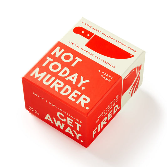 A red and white box for the Not Today, Murder Game by Brass Monkey, featuring a large knife illustration and phrases like A hilarious murder mystery game about escaping certain death and Enjoy a not-so-relaxing getaway.