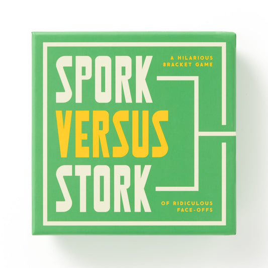 A green Brass Monkey game box features bold white and yellow text reading Spork Versus Stork Social Game. Gather friends for a hilarious bracket game of ridiculous face-offs. A white bracket graphic appears on the right side.