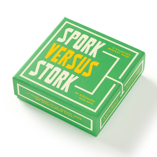 The Brass Monkey Spork Versus Stork Social Game comes in a green box with bold yellow and white text, describing itself as “A hilarious bracket game for friends,” and featuring a playful, modern design for endless laughs.
