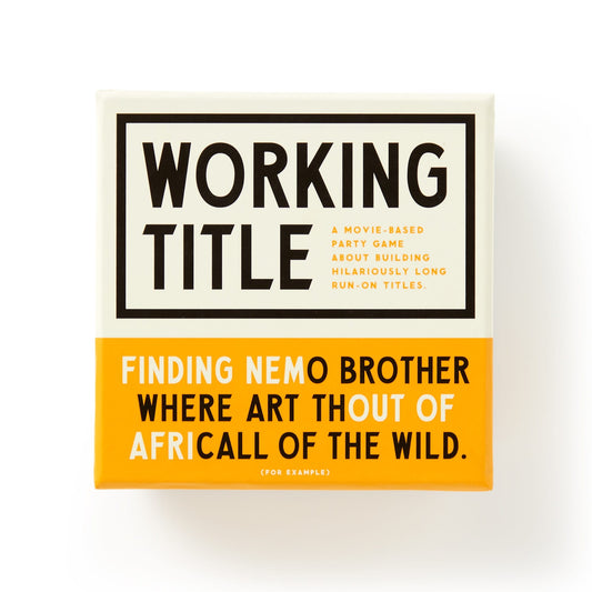 A box for the Brass Monkey party game, Working Title Game. The humorously written box reads: A movie knowledge game about creating hilarious run-on titles. Example: Finding Nemo Brother Where Art Thout of Africa! of the Wild.