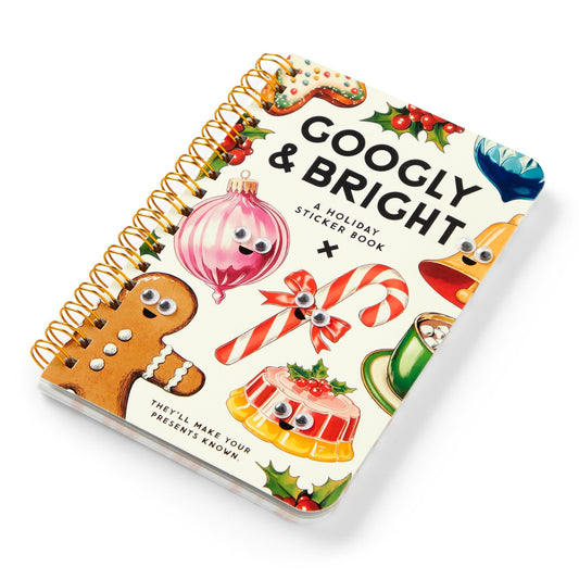 Brass Monkeys Googly & Bright Holiday Sticker Book features festive illustrations—gingerbread cookie, candy cane, ornaments, and pudding—all with googly eyes and includes oversized stickers for extra holiday fun.
