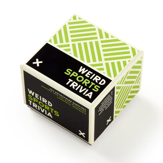 A black and green Brass Monkey Weird Sports Trivia box with bold text and geometric patterns sits on a white surface. Inside, youll find cards filled with obscure sports facts.