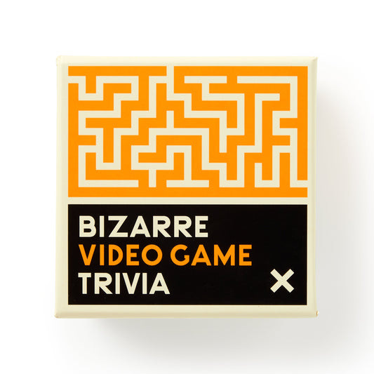 A box with an orange maze design on top and the text Bizarre Video Game Trivia in bold white and orange letters on a black background. Brass Monkey branding and a white X in the lower right corner hint at quirky video game facts inside.