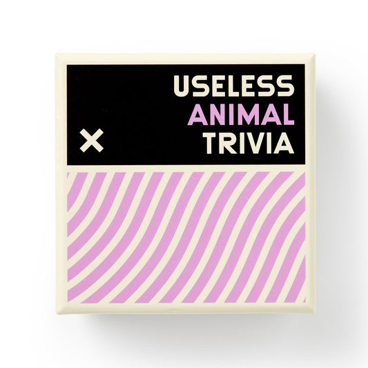 Brass Monkey’s Useless Animal Trivia comes in a square box with a bold black and white label—ANIMAL in pink—and wavy pink lines below. Perfect for fans of weird animal facts!.