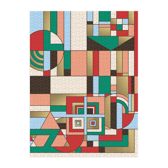 The Frank Lloyd Wright December Gifts 1000 Piece Foil Puzzle by the Frank Lloyd Wright Foundation features abstract geometric shapes in red, green, blue, beige, black, and white for a modern architectural pattern.