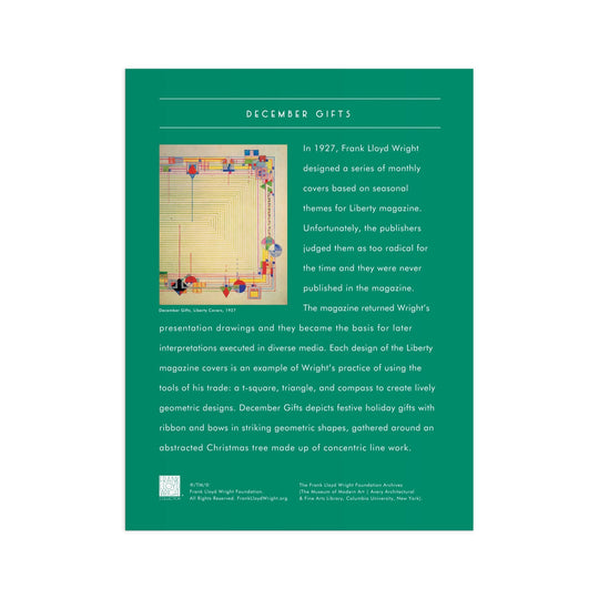 A green page highlights the Frank Lloyd Wright Foundations December Gifts 1000 Piece Foil Puzzle, featuring festive abstract geometric art inspired by Wright’s seasonal design—ideal for fans of architectural puzzles and Liberty magazine covers.