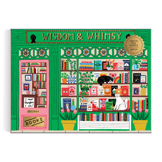 Colorful illustration of Holly Maguire’s green Wisdom & Whimsy Bookshop with books, plants, a black and a white cat, and a sign for the 1000 Piece Foil Puzzle in the window. Inviting storefront perfect for puzzle lovers.