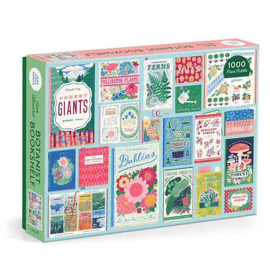 The Ever Upward Botanist Bookshelf 1000 Piece Puzzle by Emily Taylor features illustrated covers of plant and gardening books with vibrant floral and botanical designs.