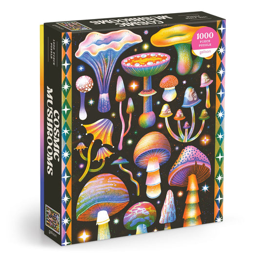 The Jasmine Floyd Cosmic Mushrooms 1000 Piece Puzzle features vibrant, psychedelic illustrations of colorful mushrooms on a starry background, with “Cosmic Mushrooms” displayed on the front and side of the box.