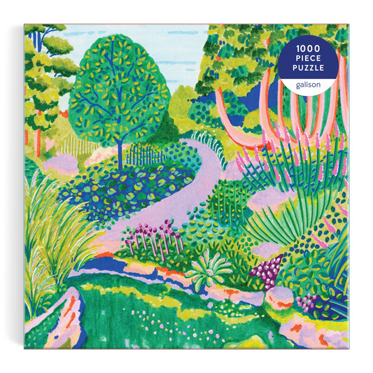 Colorful illustration of a lush garden with green plants, trees, and a winding path on the High Grove 1000 Piece Puzzle in Square Box by Alice Brisland.