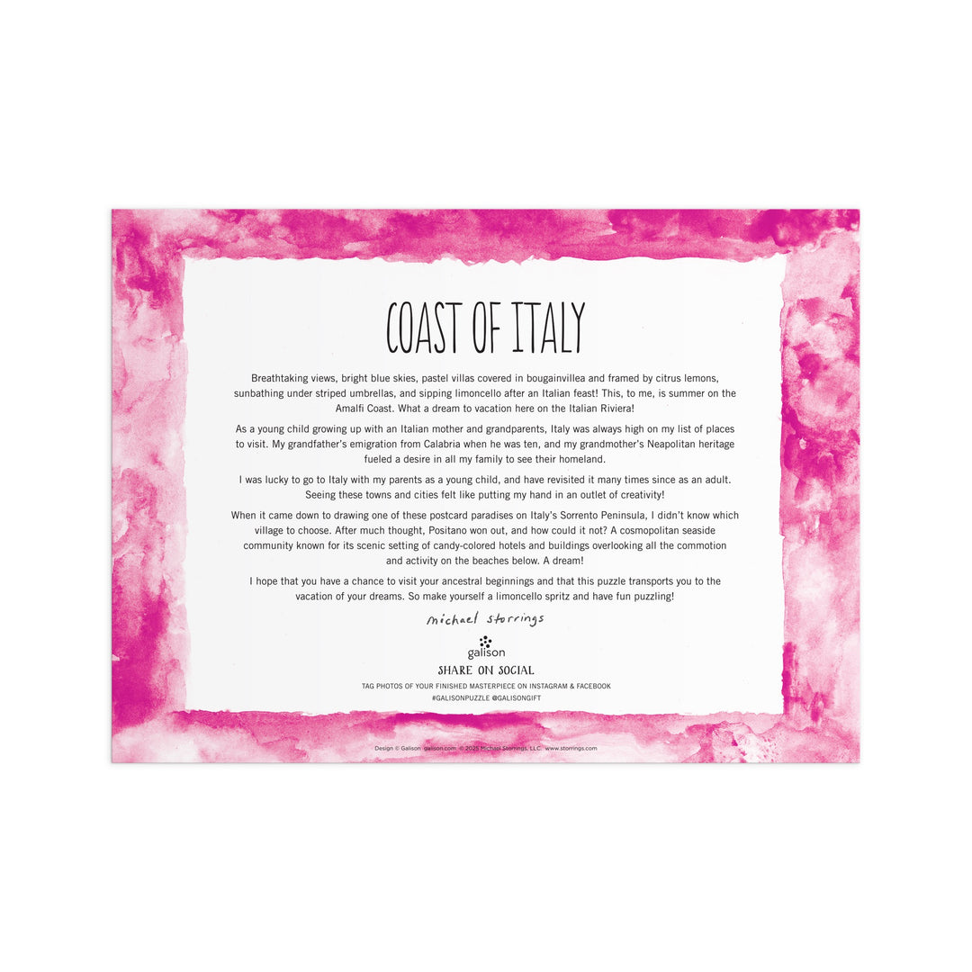 A card with a pink marble border and Coast of Italy text, reflecting Italian traditions and seaside pasta. Pair it with the Michael Storrings Coast of Italy 1000 Piece Puzzle for an ideal gift. Authored and signed by Michael Aram.