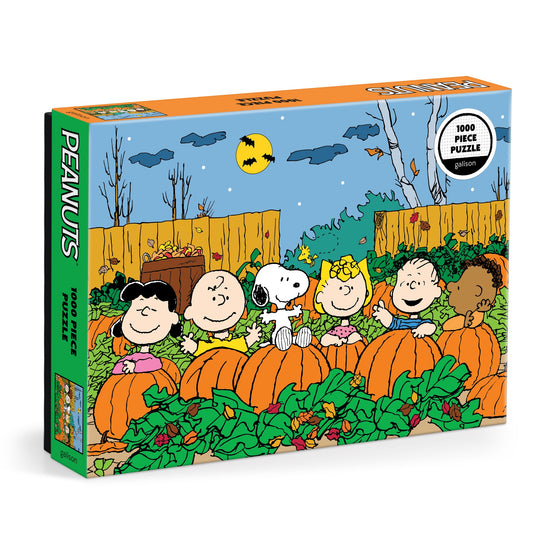 The Peanuts Great Pumpkin 1000 Piece Puzzle by Peanuts Worldwide, LLC showcases classic characters in a pumpkin patch at night, delivering a collector-quality experience perfect for Peanuts fans.