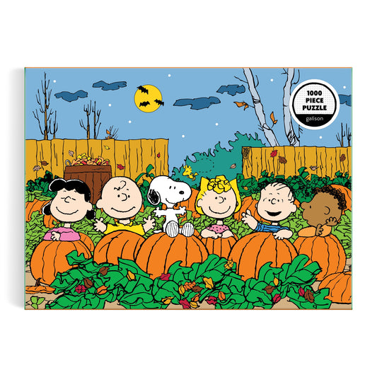 The Peanuts Great Pumpkin 1000 Piece Puzzle by Peanuts Worldwide, LLC features Snoopy and friends among pumpkins in a moonlit patch with bats and a wooden fence, inspired by Charles Schulz’s classic characters.
