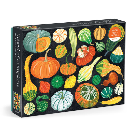 The World of Pumpkins 1000 Piece Puzzle by Dawn Cooper showcases vibrant botanical art of diverse pumpkins and gourds on a striking black background.