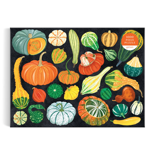 The cover of Dawn Coopers World of Pumpkins 1000 Piece Puzzle features a vibrant botanical illustration of colorful pumpkins, zucchini, and gourds from the Cucurbitaceae family on a striking black background.