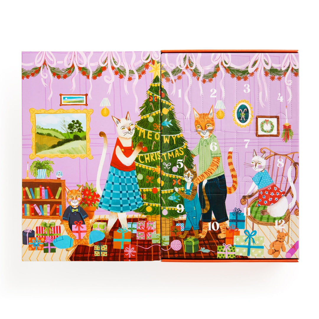 Celebrate with the Joanna Letz Meowy Christmas 12 Days of Puzzles 500 Piece Countdown—four playful cats decorate a tree in a festive living room, numbered doors hint at an Advent calendar amid presents for extra holiday fun.