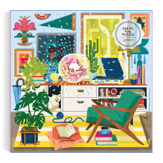 A colorful, retro room with plants, a record player, mirror, pink disco ball, books, and vibrant art showcases nostalgic charm. The Disco Life 500 Piece Foil Puzzle by EurekartStudio brings modern elegance to your space.