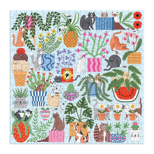 The Cats in the Houseplants 500 Piece Puzzle by Holly Maguire features playful cats, raccoons, and a squirrel among vibrant potted plants, flowers, and patterns on a light blue background.