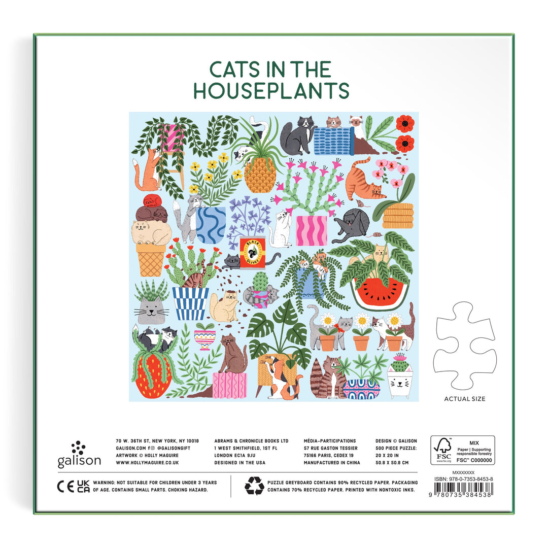The back of the Holly Maguire Cats in the Houseplants 500 Piece Puzzle box features a colorful illustration of cats sitting, hiding, and playing among houseplants in patterned pots.