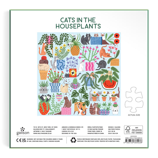 The back of the Holly Maguire Cats in the Houseplants 500 Piece Puzzle box features a colorful illustration of cats sitting, hiding, and playing among houseplants in patterned pots.