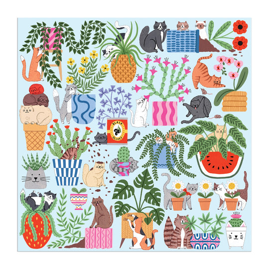 Cats in the Houseplants 500 Piece Puzzle by Holly Maguire features playful cats relaxing among houseplants in fruit-shaped planters and baskets, set on a light blue background—a whimsical and charming puzzle for cat and plant lovers.