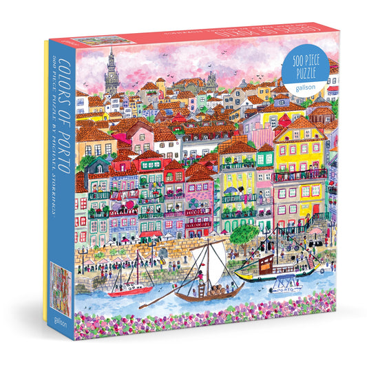The Michael Storrings Colors of Porto 500 Piece Puzzle by Michael Storrings showcases vibrant illustrations of Porto, Portugal, featuring colorful buildings, river boats, and a lively cityscape.