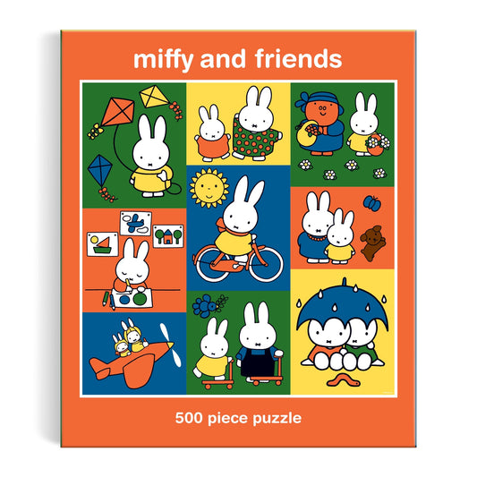 The Miffy and Friends 500 Piece Puzzle by Miffy features colorful scenes of white cartoon bunnies and friends flying kites, painting, riding bikes, in an airplane, and relaxing under an umbrella.