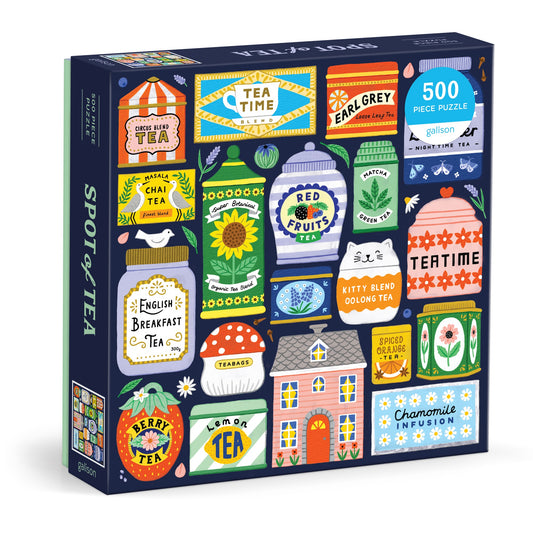 The Spot of Tea 500 Piece Puzzle by Holly Maguire features vibrant artwork with illustrated tea tins, teacups, a teapot with tea names, and a cozy house—perfect for fans of charming tea-themed designs.