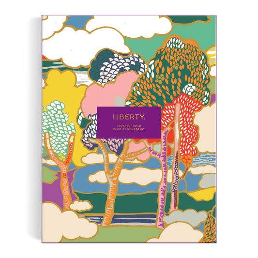 The Liberty London Liberty Prospect Road 9 x 12 Paint by Number Kit box features an abstract landscape with vibrant trees, clouds, and fields, and a central purple label.
