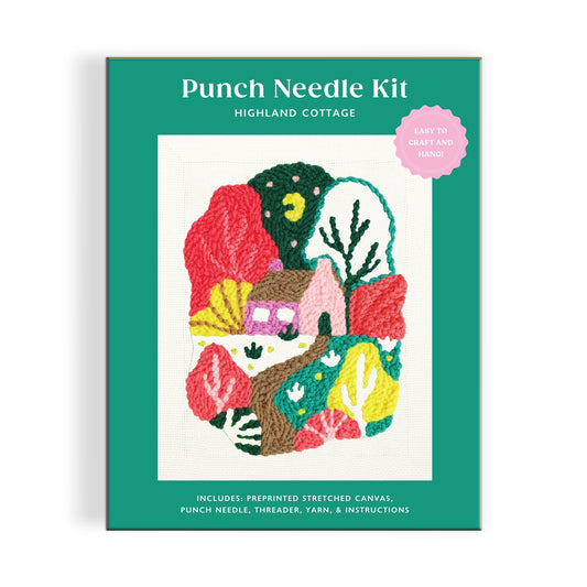 Highland Cottage Punch Needle Kit by Kika Macfarlane features a cottage surrounded by trees in red, green, and yellow. Includes materials and an "Easy to craft and hang!" label. Text: "Punch Needle Kit: Highland Cottage".
