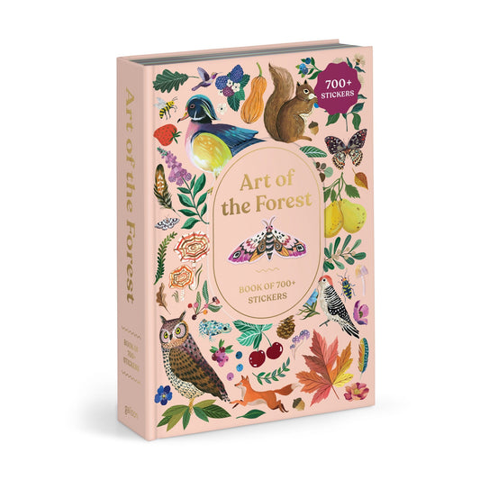 Art of the Forest 100 Page Sticker Book by Christine De Carvalho features colorful forest illustrations with animals, birds, insects, flowers, and leaves on a light pink cover. Includes a "700+ wildlife stickers" sticker in the top right corner.