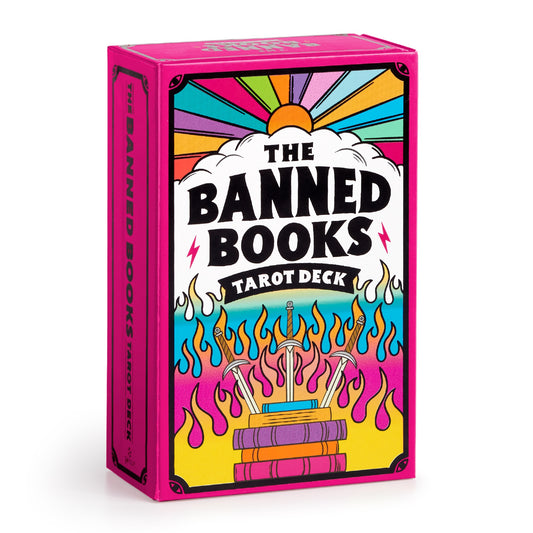 The Banned Books Tarot Card Set by Castle Point features bold pink graphics of sun rays, clouds, and flaming books pierced by swords, making this colorful tarot deck truly stand out.