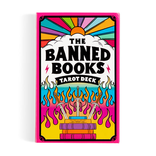 The Castle Point Banned Books Tarot Card Set comes in a vibrant box with a rainbow sky, sun, flames, and closed banned books pierced by swords—a unique gift for book lovers who appreciate the magic of stories.