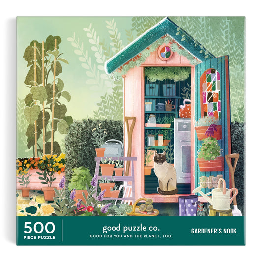 Illustration of a garden shed with plants, pots, tools, and a cat by the door. Enjoy assembling the Bex Parkin Good Puzzle Co. Gardeners Nook 500pc Puzzle, featuring charming countryside details.