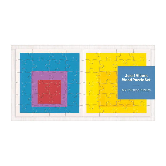 The MoMA Josef Albers Wood Jigsaw Puzzle Set by Josef Albers includes six 25-piece puzzles with vibrant square patterns, featuring colorful nested squares on blue and a yellow background.