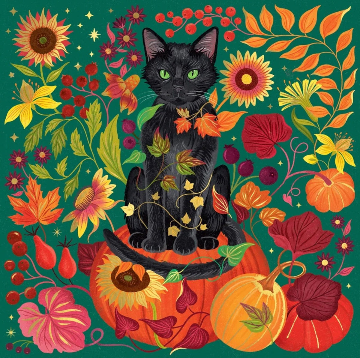 The Dawn Cooper "Whiskers of Autumn" 500 Piece Foil Puzzle features a black cat with green eyes on an orange pumpkin, surrounded by autumn leaves, sunflowers, berries, pumpkins, and stars on a vibrant green background.