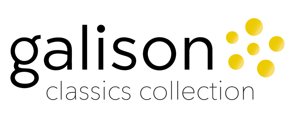 Logo with the word galison in lowercase black letters, five yellow circles to the right, and classics collection in smaller lowercase black letters below.