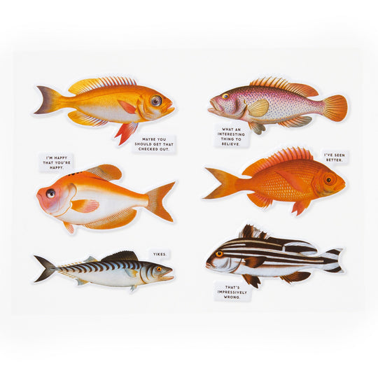 Judgy Fish 1000 Piece Puzzle by Brass Monkey features six illustrated fish with witty speech bubbles, arranged in two rows on a white background—ideal for a spot UV puzzle made from recycled materials.