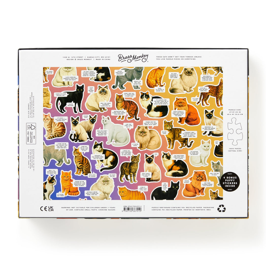 The back of the Moody Cats 1000 Piece Puzzle by Brass Monkey features illustrated, labeled cat breeds on a gradient background, along with puzzle piece outlines and brand info—all designed for a humorous touch.