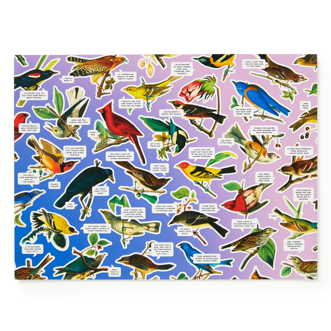 The Salty Birds 1000 Piece Puzzle by Brass Monkey showcases illustrated birds in various poses with labeled names on a blue-to-pink gradient background—a colorful, challenging treat for bird and art lovers.