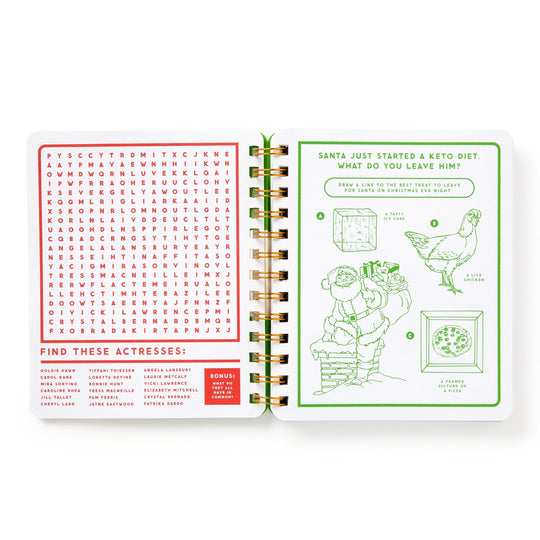The Beyond Bored At The Holidays book by Brass Monkey features an open spiral design with a red word search on the left and a green activity page with Santa and chicken illustrations plus a festive brain game on the right.