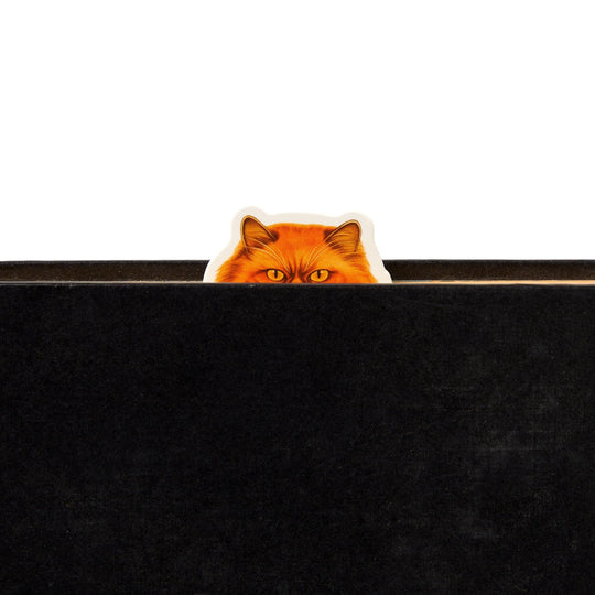 A black book features a Brass Monkey Moody Cats Magnetic Bookmark peeking over the top, with only the cat’s orange ears and eyes visible.