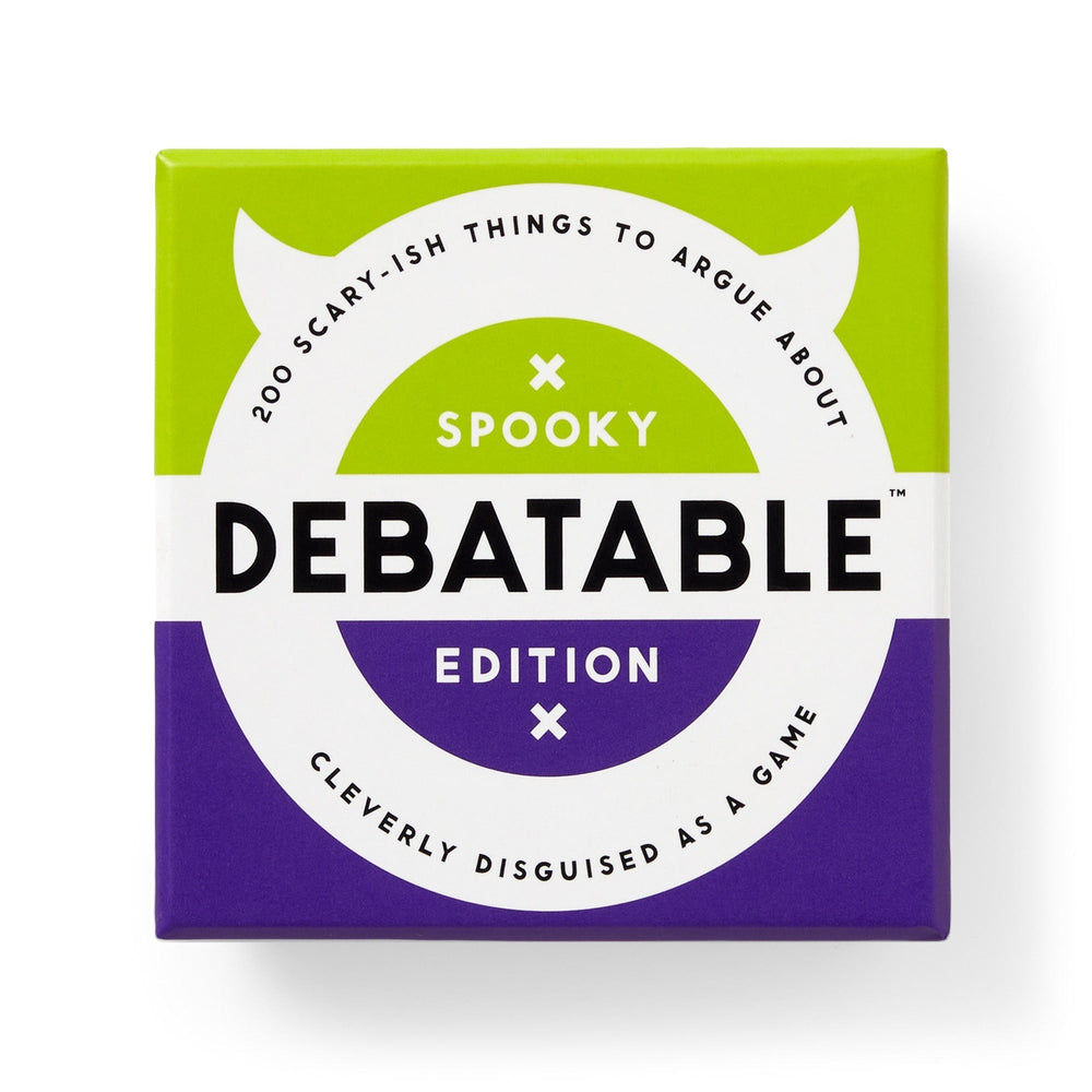 The Brass Monkey Debatable Spooky Edition is a green and purple game box with 200 scary-ish things to argue about—perfect as a spooky debate game for your next Halloween party.