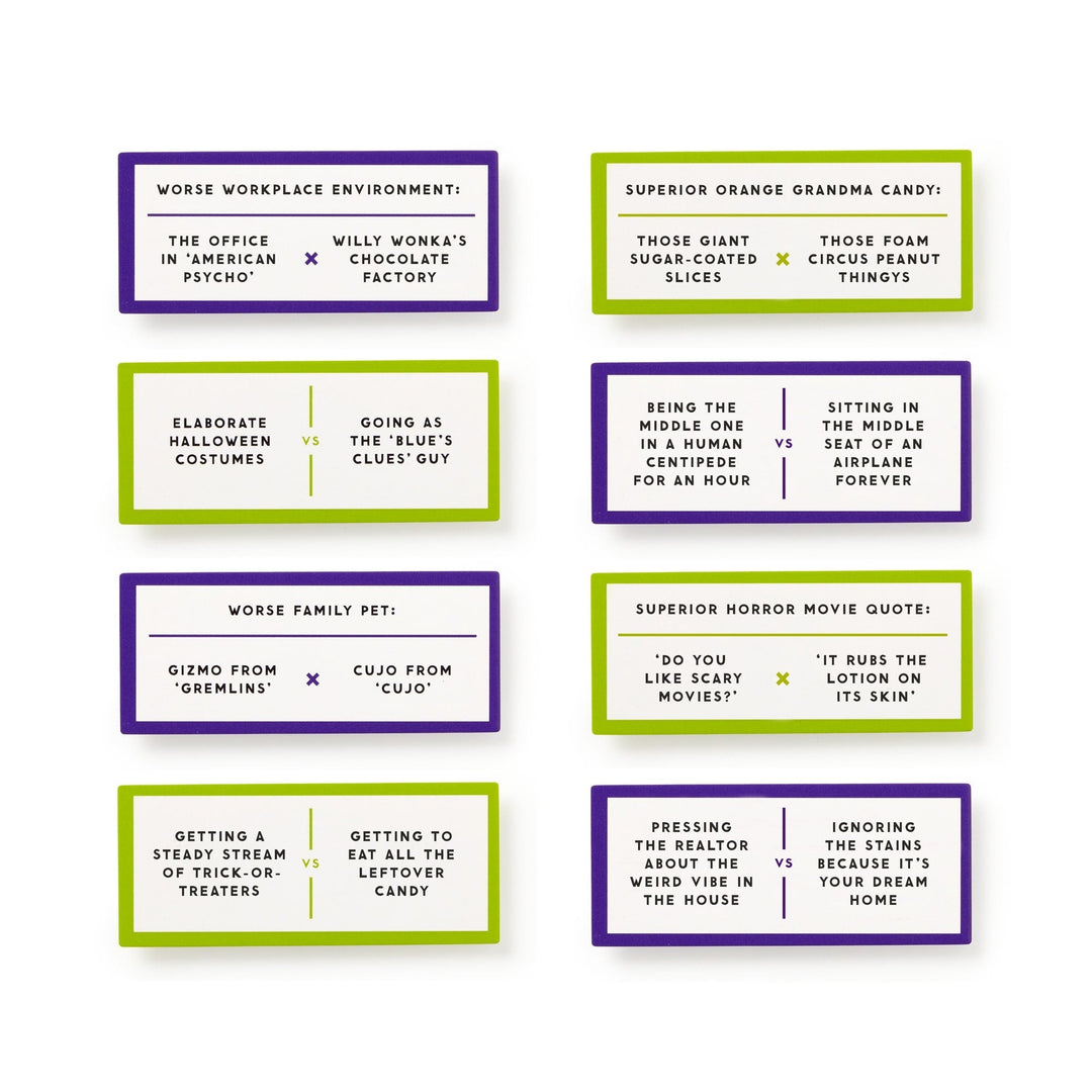 Debatable Spooky Edition by Brass Monkey features eight cards with pairs of funny “would you rather” questions—ideal for Halloween parties. Each card has a bolded title, two choices, and festive purple or green borders.