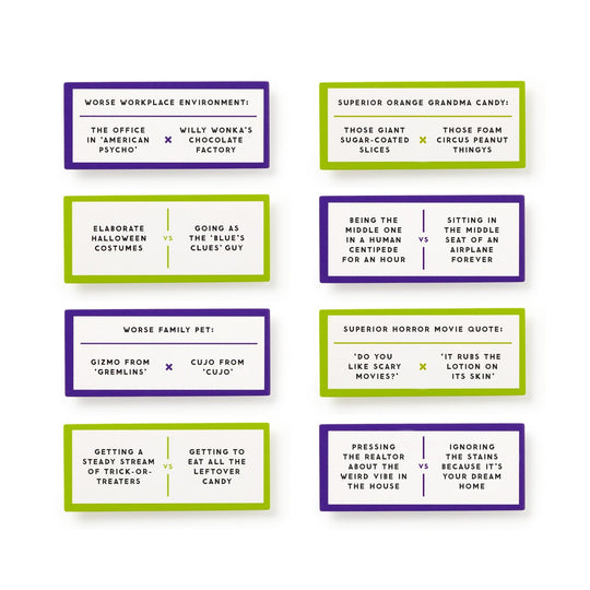 Debatable Spooky Edition by Brass Monkey features eight cards with pairs of funny “would you rather” questions—ideal for Halloween parties. Each card has a bolded title, two choices, and festive purple or green borders.