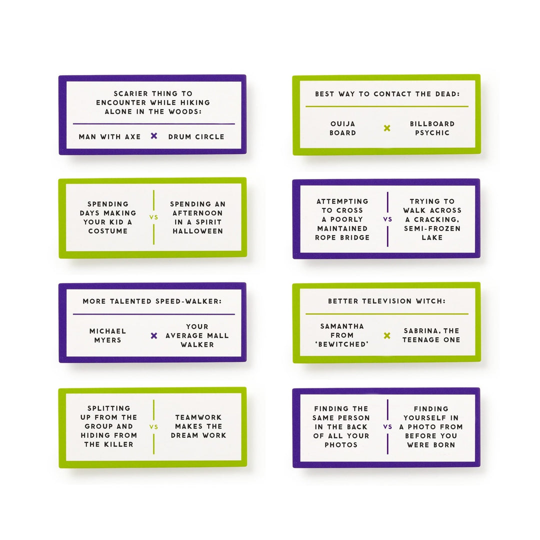 Brass Monkey's Debatable Spooky Edition includes eight purple and green cards featuring funny debate prompts—like Man with axe vs Drum circle. Perfect Halloween conversation starters for your next party!.