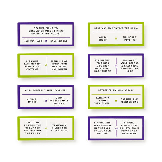 Brass Monkey's Debatable Spooky Edition includes eight purple and green cards featuring funny debate prompts—like Man with axe vs Drum circle. Perfect Halloween conversation starters for your next party!.