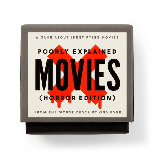 A game box labeled Mini Poorly Explained Movies - Horror Edition by Brass Monkey features bold black text over red X marks, with the tagline "From the worst descriptions ever" and "A horror movie card game about identifying movies" at the top.