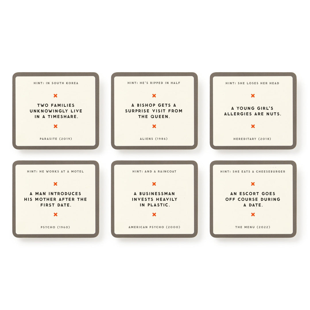 Mini Poorly Explained Movies - Horror Edition by Brass Monkey is a fun horror card game featuring six square cards with movie hints and witty plot summaries. Includes references to Parasite, Aliens, Hereditary, Psycho, American Psycho, and The Menu.